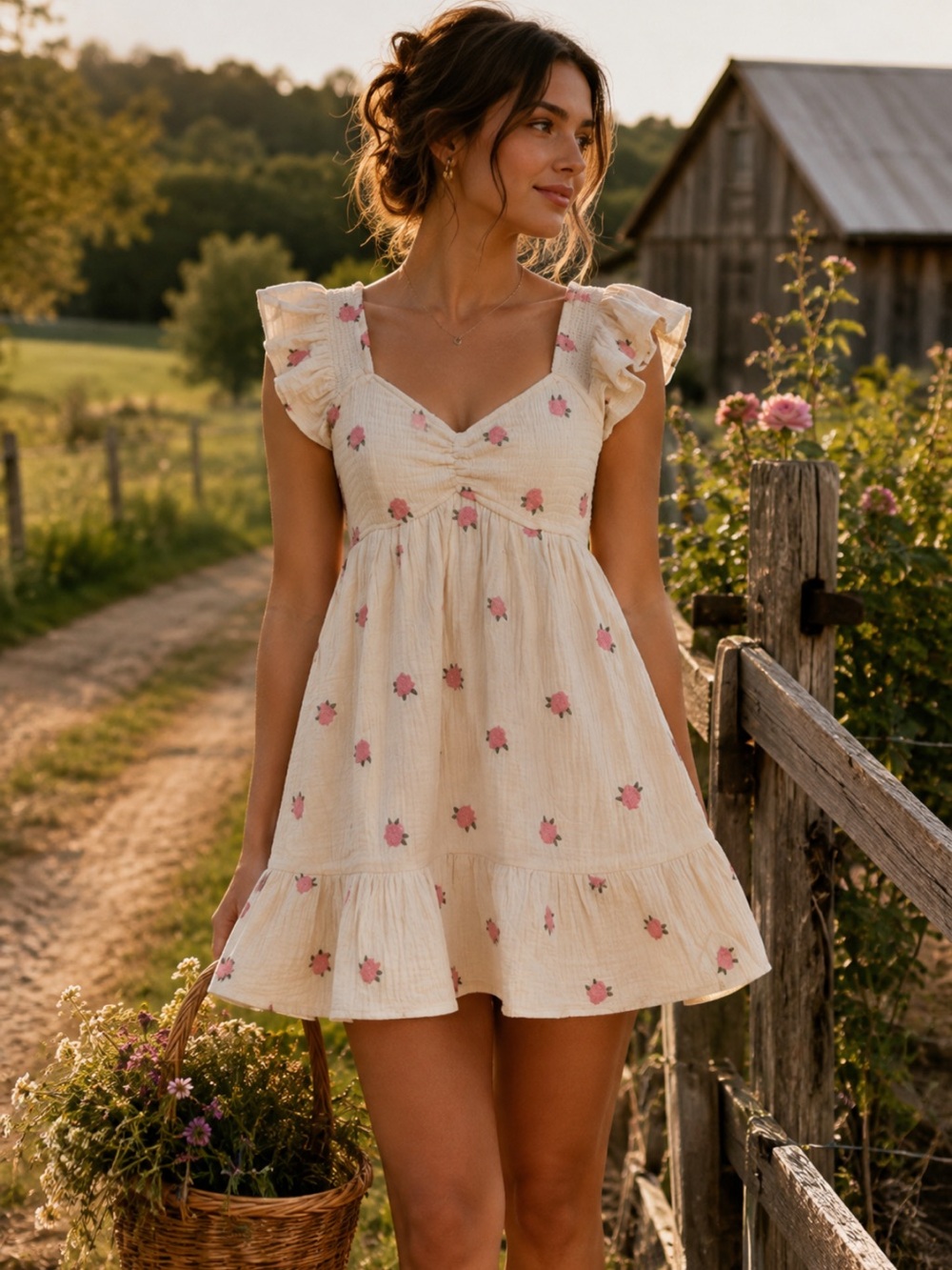 Cream Flutter Sleeves Smocked Mini Dress with Pink Floral Rosette Embroidery XS